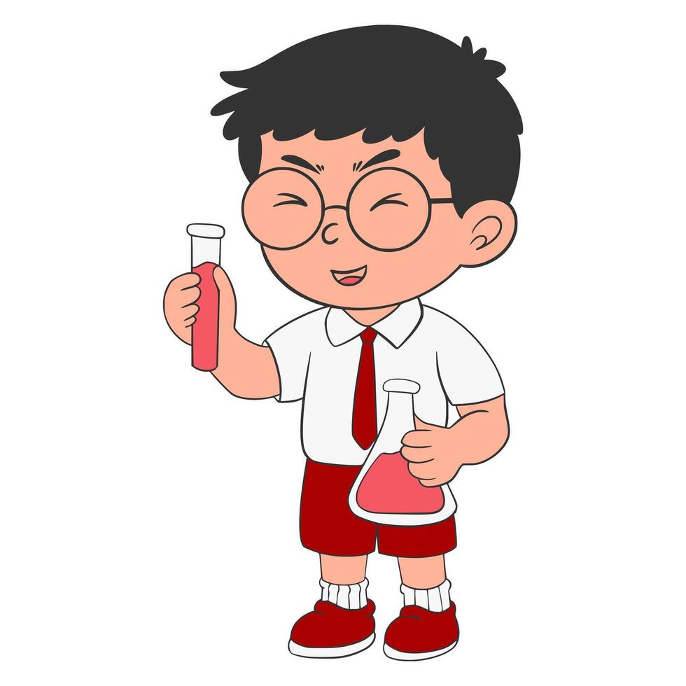 The schoolboy is trying the chemical potion Cartoon, Illustration vector