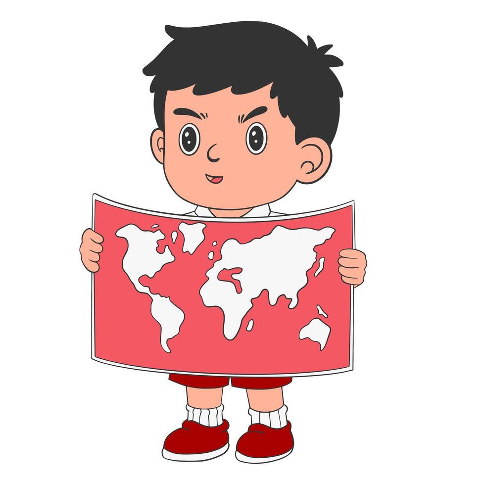 School Boy Open Map Illustration Cartoon vector