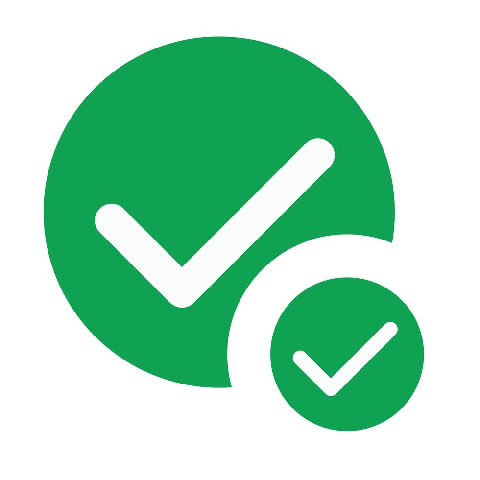 A green check mark inside a green circle, another smaller green circle with a check mark on the bottom right, white background vector
