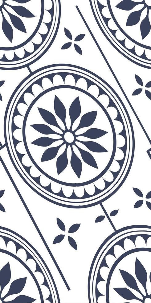 A blue and white tile pattern with a floral design in the center, surrounded by a scalloped border, with smaller floral motifs in the corners vector