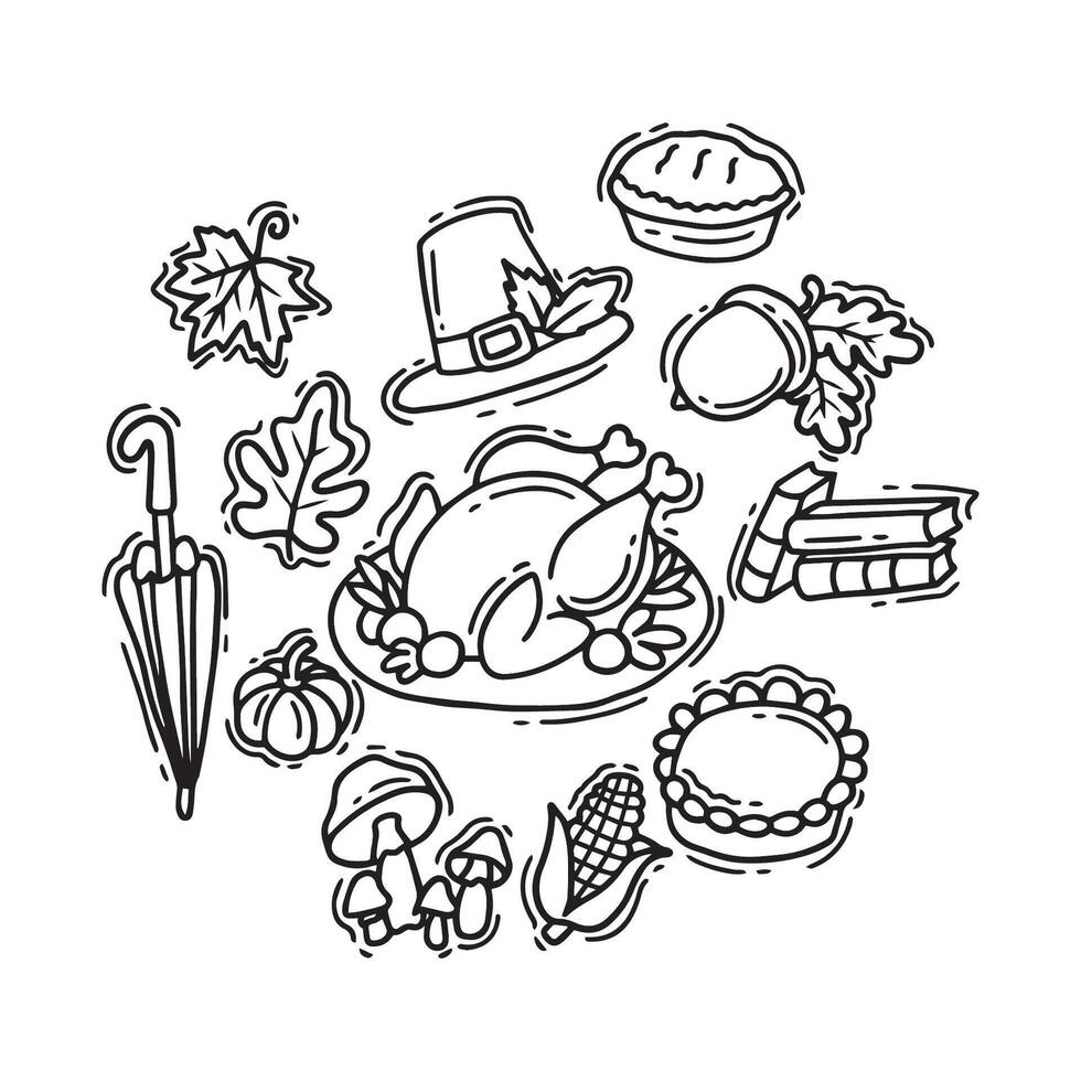 Thanksgiving Day Icons Turkey Pilgrim Hat and Autumn Elements vector