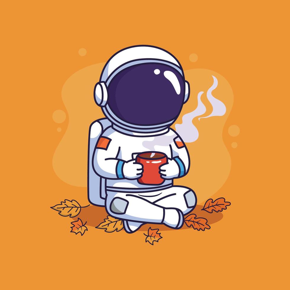 Cute astronaut with coffee cup and leafs in autum. illustration vector