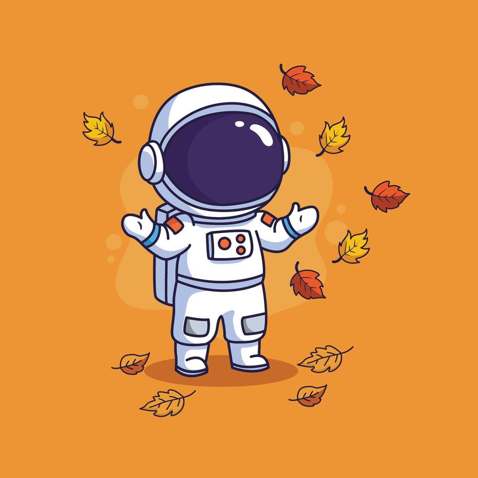 cute astronaut character with autumn leaves illustration vector