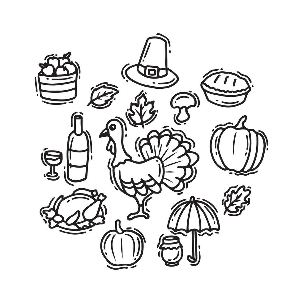 Thanksgiving Day Icons Turkey Pilgrim Hat and Autumn Elements. set illustration vector