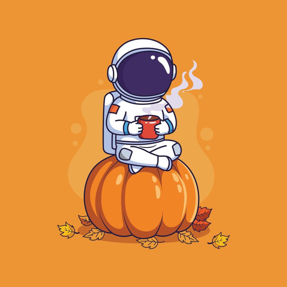 Astronaut on a pumpkin with coffee vector