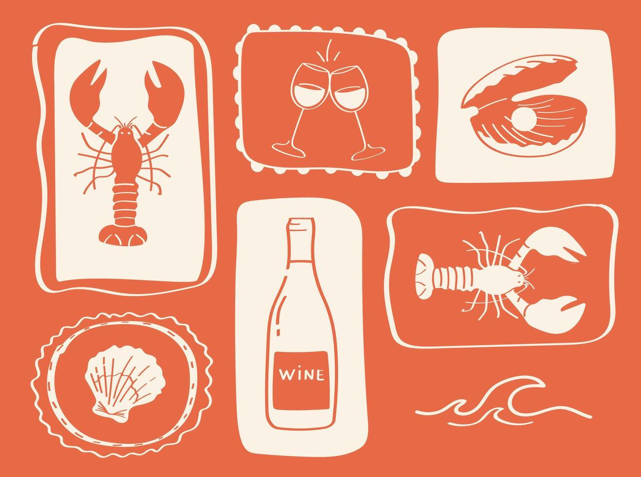 Seafood and wine set lobster, oyster, wine, glasses, shell and waves in coral red hand drawn coastal clipart collection. vector