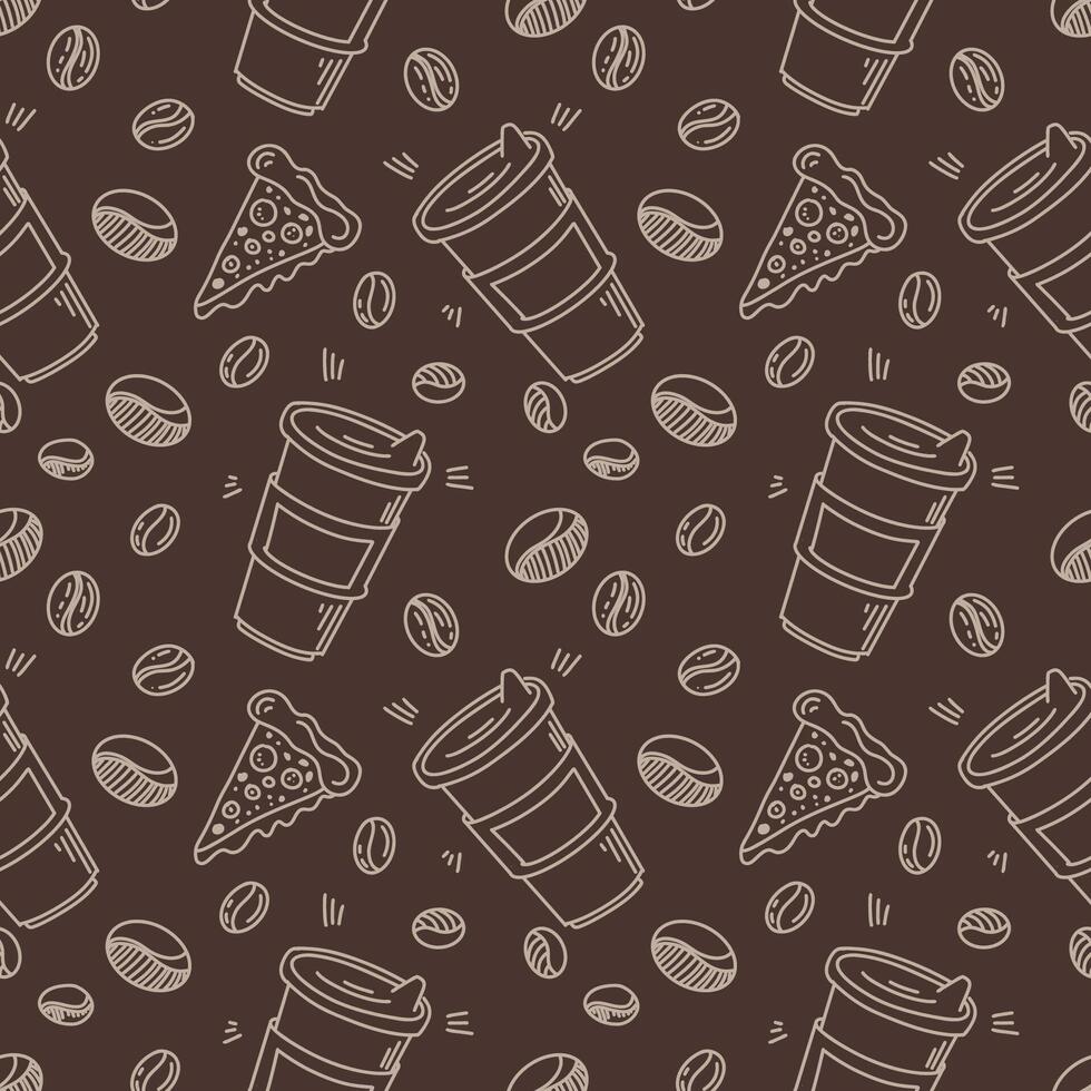 A hand-drawn coffee pattern, a pizza, a sketch in black ink, a sketch-style design made in the style of doodles. vector
