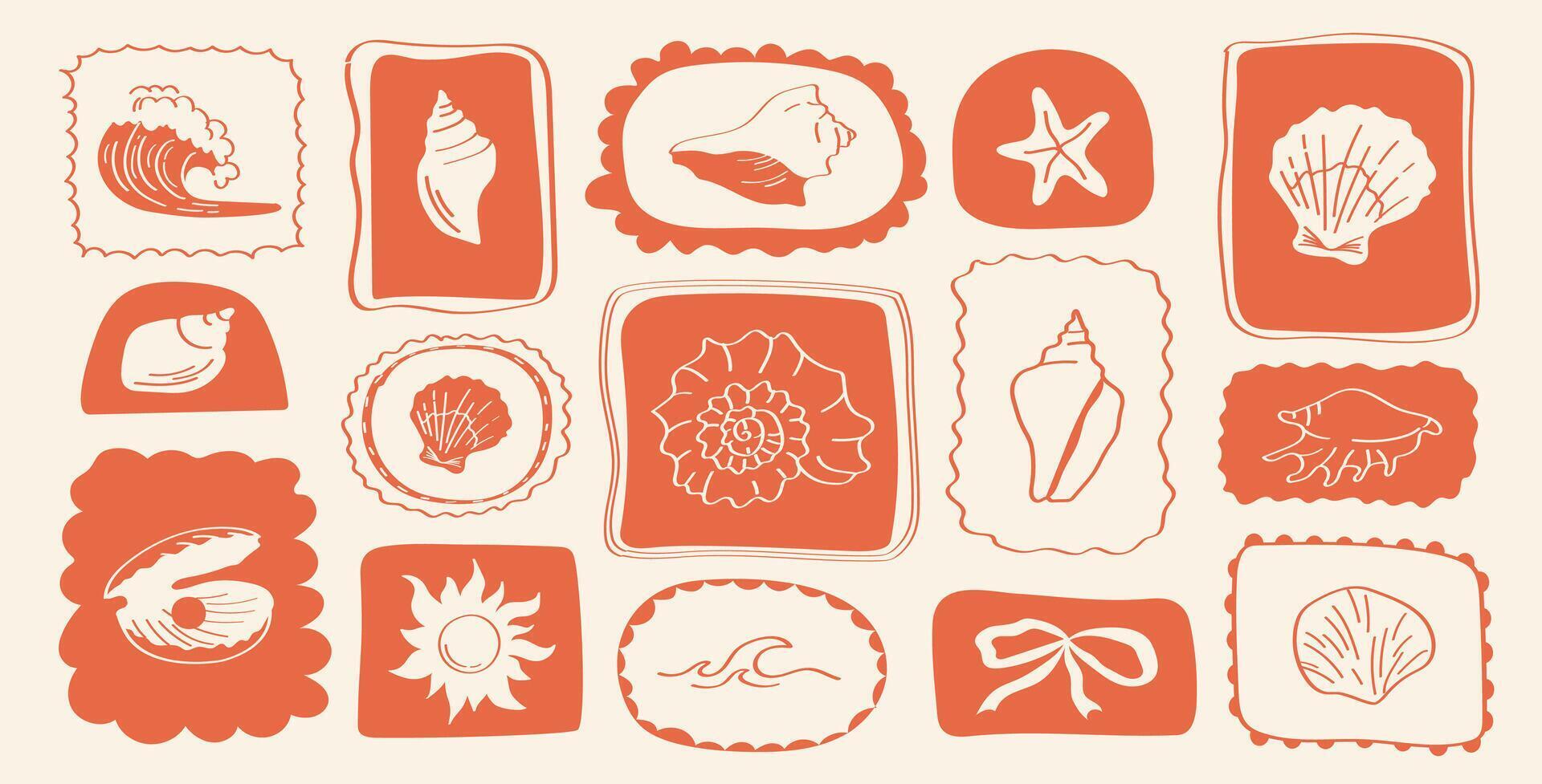 Coastal clipart set with lobster, wine, shells, flowers and waves hand-drawn summer elements in coral red frames for beach themed design projects. vector