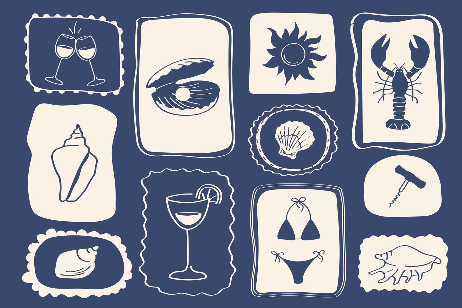 Summer cocktail and seafood set hand-drawn design elements with wine, oyster, bikini, sun and lobster in artistic frames for beach and holiday design. vector