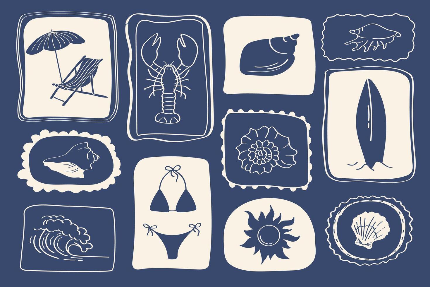 beach holiday set with sun lounger, lobster, bikini, wave, flower and cocktail. Hand drawn coastal design elements in retro navy blue and beige palette. vector