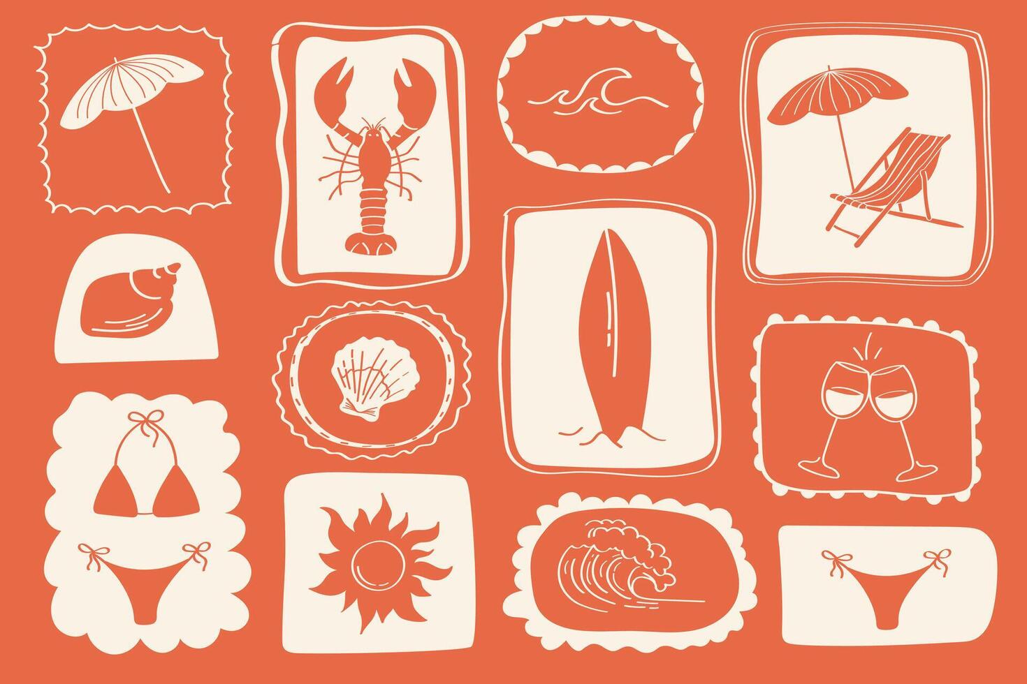 Outline summer doodle pattern with wine glasses, seashells, bikinis, sun, and beach items on beige background vector