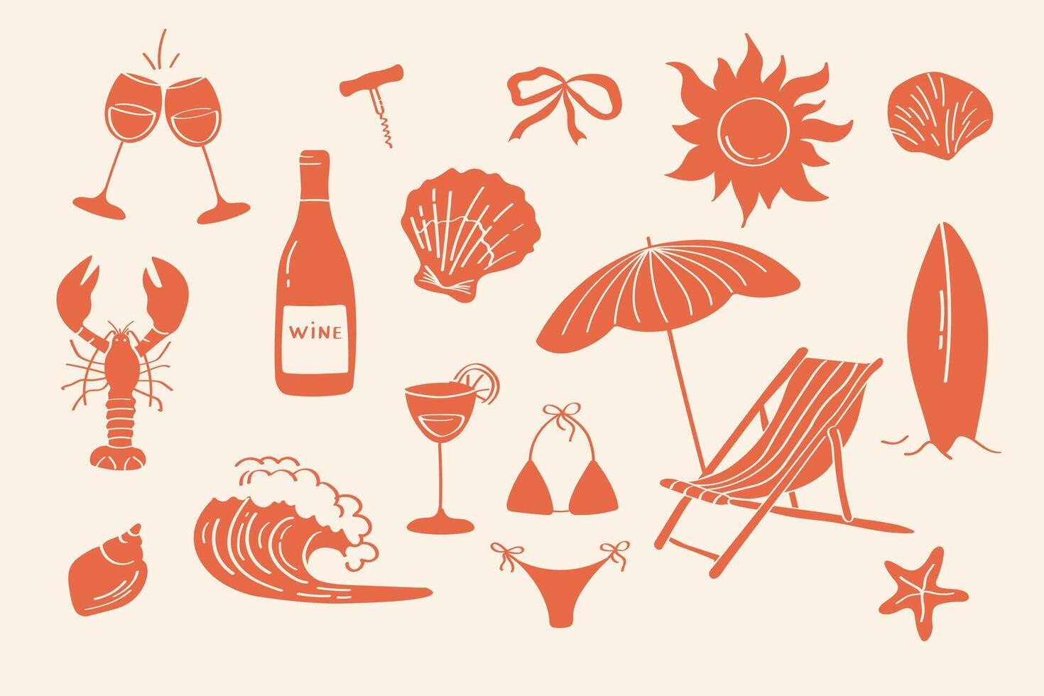 Bright summer illustration pack with beach essentials lobster, wine, sun, parasol, bikini, waves, surfboard and shells. Perfect for sunny holiday or travel designs. vector