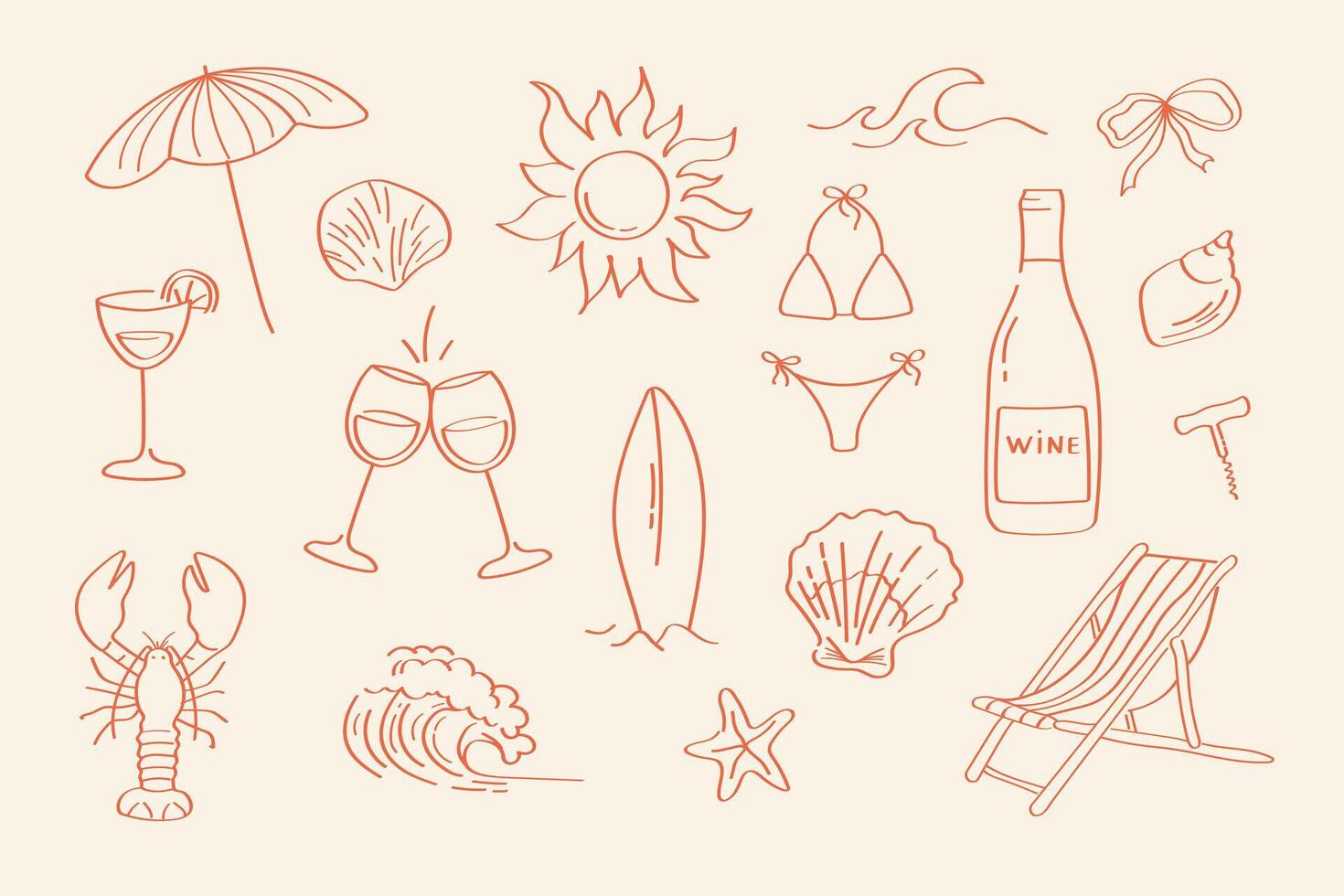 Summer art elements in doodle line style. Beach holiday outline icons bikini, lobster, wine, sun, surfboard, umbrella, waves and more. Simple line style for summer projects and travel graphics. vector