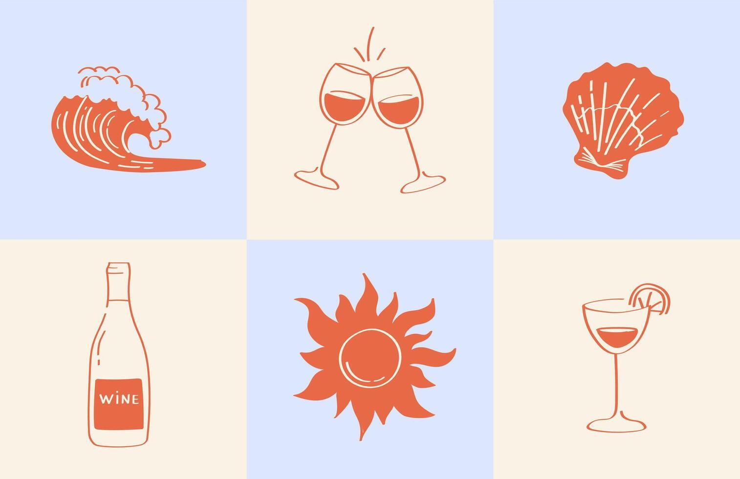 6 illustrations about Mediterranean food, wine, cocktails summer vacation in doodle sketch style. Set of blocks with seafood, wine glasses, wine bottle, sun, wave, cocktail retro beach holiday theme vector