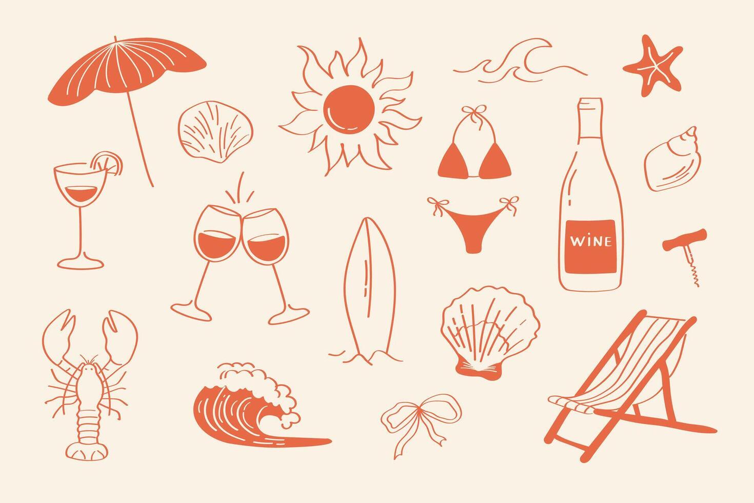 Hand drawn summer vacation set wine glasses, sun, waves, lobster, parasol, bikini, seashells, surfboard. Perfect for beach themed design and travel projects. Summer Illustration in Doodle Style. vector