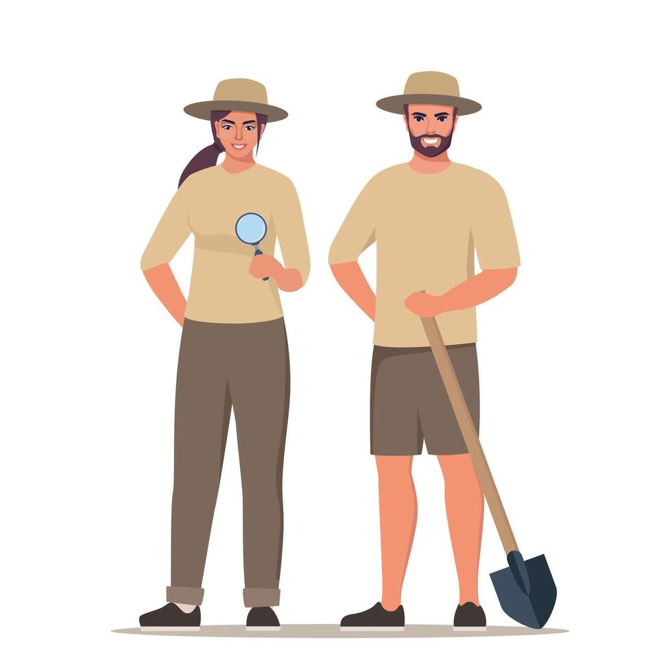 Archeologist man and woman characters collection set. Archeologist activities concept. Flat style illustration. vector