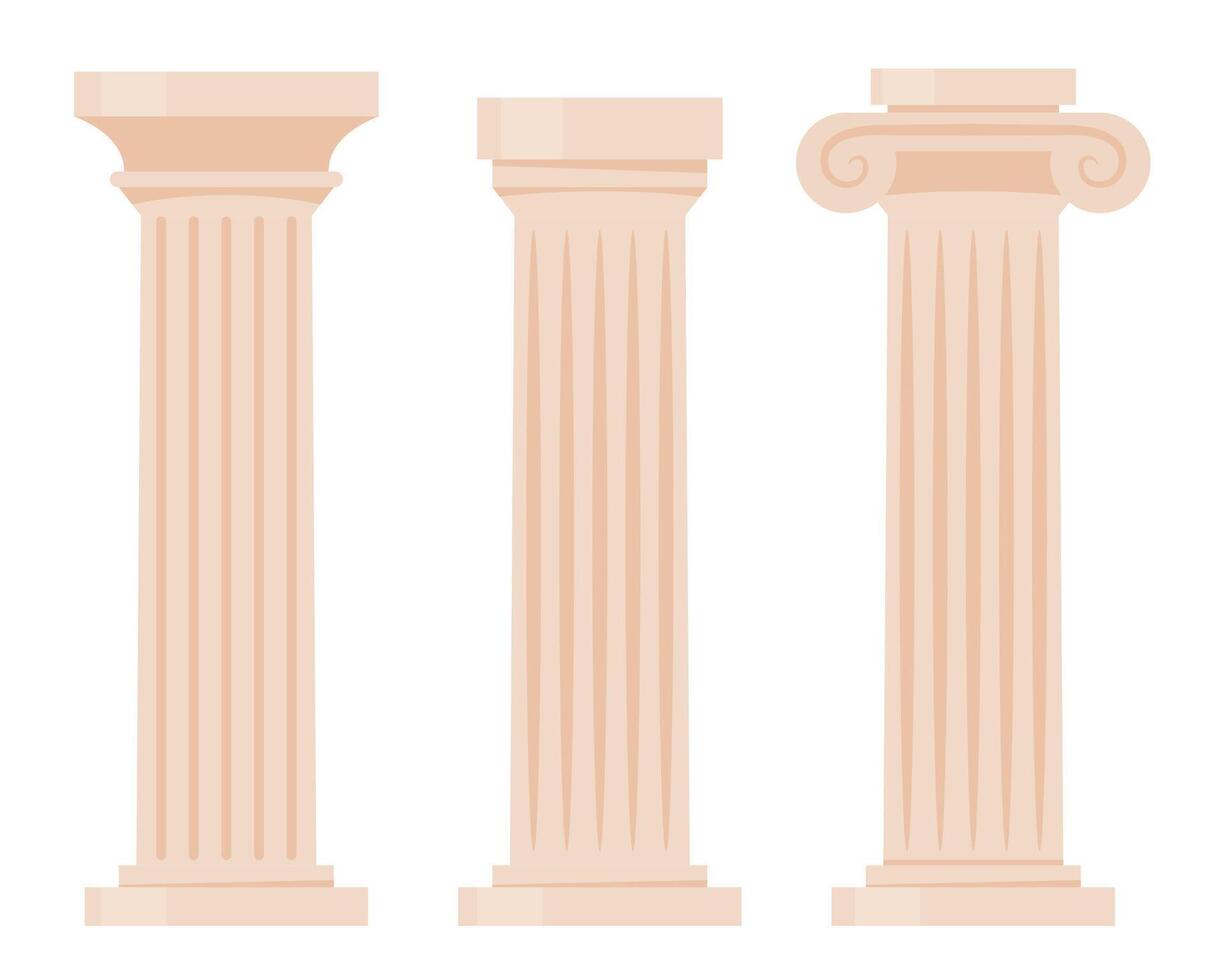 Ancient columns set. Marble structures, old Greece architecture. Archeology and paleontology, history. Luxurious and beautiful building vector