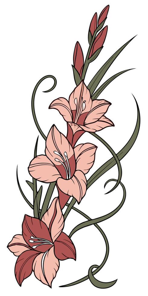 close-up the flowers of the Gladiolus flower arranged beautifully and decorated with vines vector