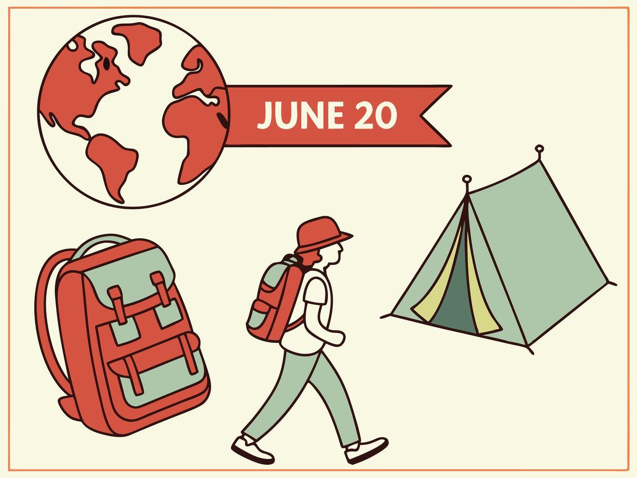 A person with a red hat and backpack walking, a tent, and a globe on a beige background with a red banner that says June 20 vector
