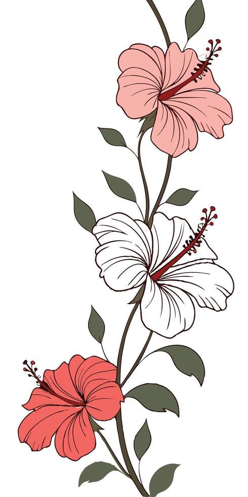 A white hibiscus flower with a red pistil, accompanied by pink flowers and green leaves, all set against a clean white backg vector