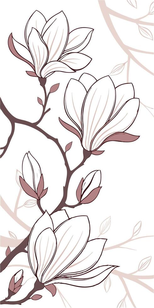 Magnolia flowers with brown branches and buds, white petals with brown outline, on a white background vector