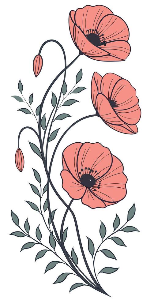 close-up the flowers of the Poppy arranged beautifully, decorated with vines, suitable as an illustration background for a poster vector