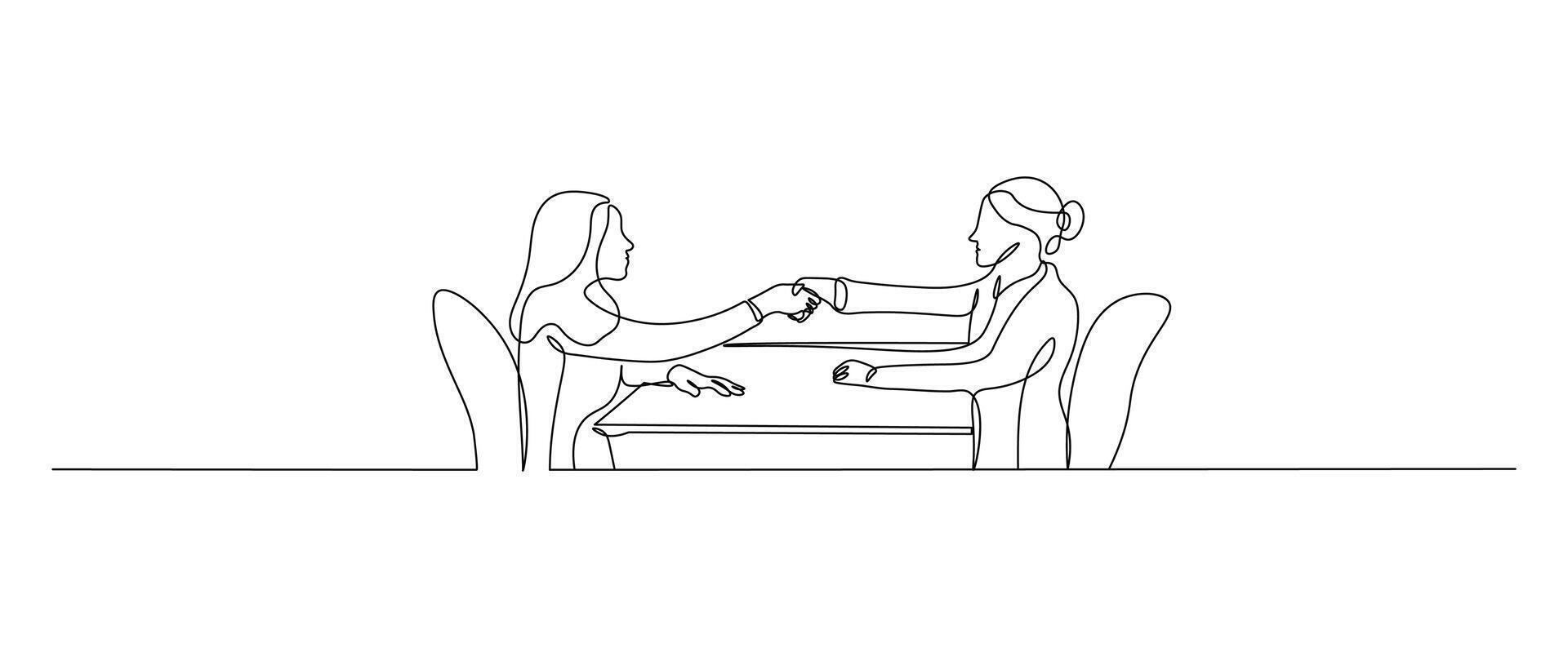 Job interview - modern simple one continuous line design composition with recruiter and candidate. Minimalist illustration of people shaking hand sketch in black linear sketch isolated on white. vector