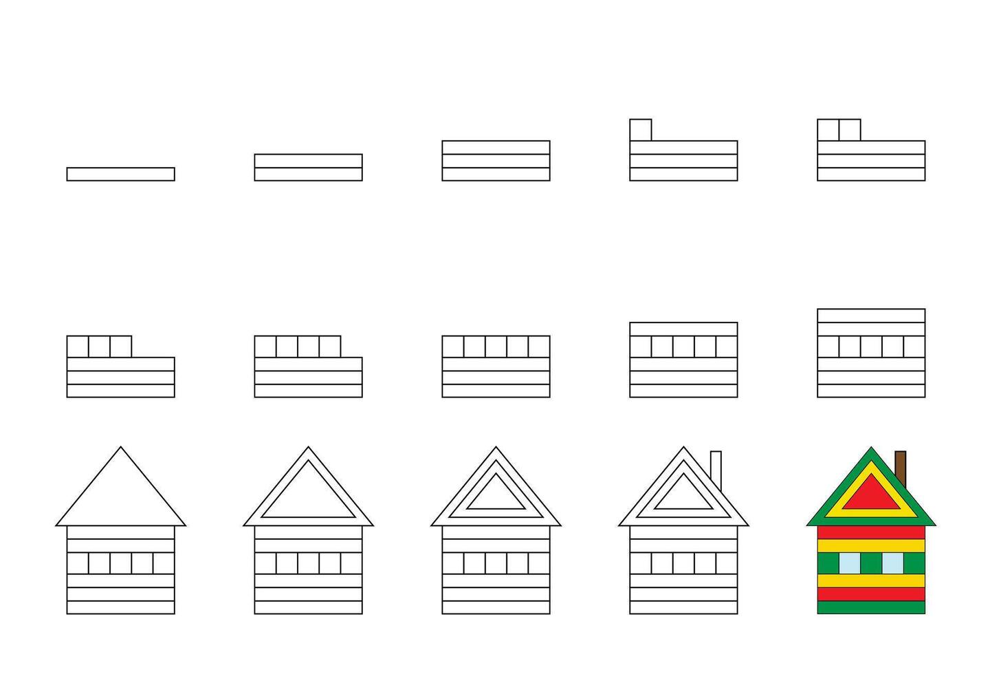 Worksheet easy guide to drawing cartoon house. Simple step-by-step drawing tutorial for kids. vector