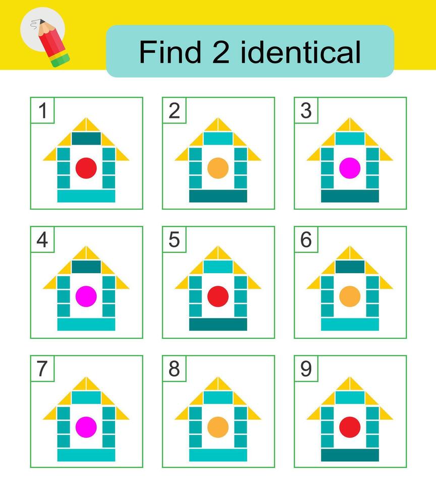Fun puzzle game. Need to find two identical colorful houses. Answer is 5,9. vector