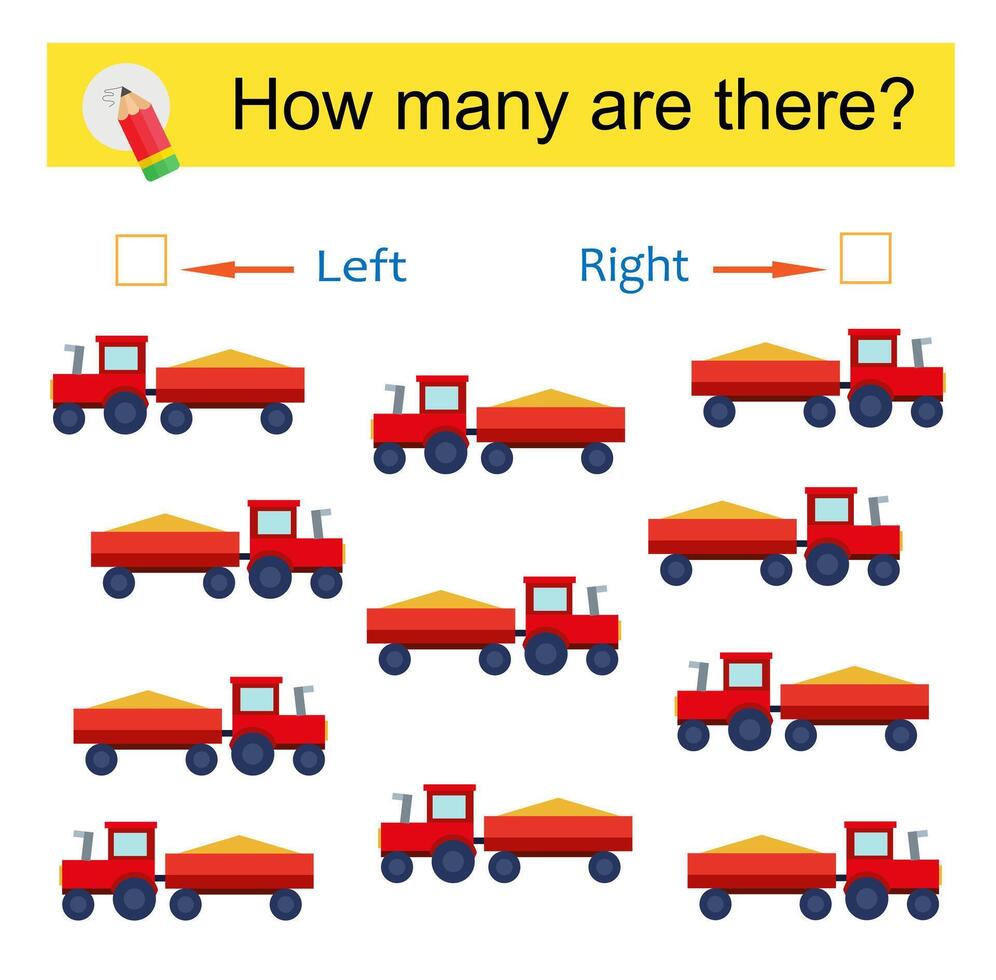 Math activity for kids. Developing numeracy skills. Cartoon tractors. illustration. vector