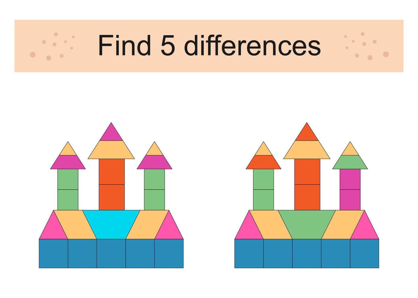 Find 5 differences. Logic puzzle game for kids. Cartoon fortress. vector