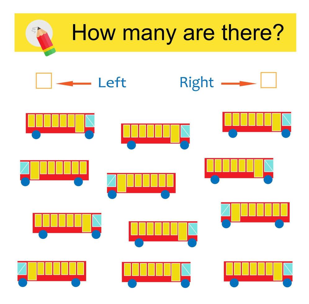 Math activity for kids. Developing numeracy skills. Cartoon bus. vector
