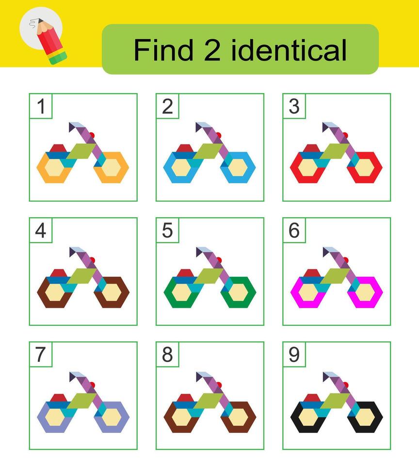 Fun puzzle game. Need to find two identical motorcycles. Answer is 4,8. vector