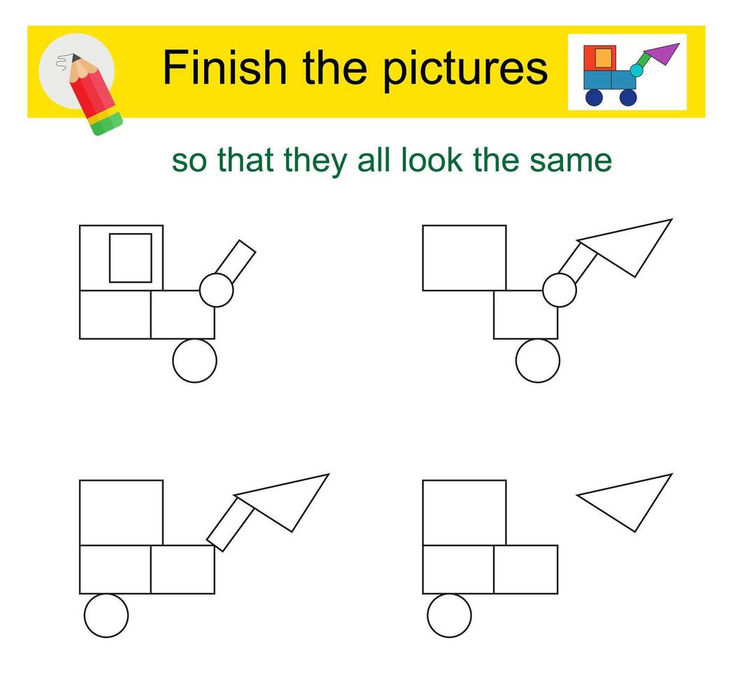 Activity for kids. Finish the pictures so that they all look the same. Cartoon excavator. vector