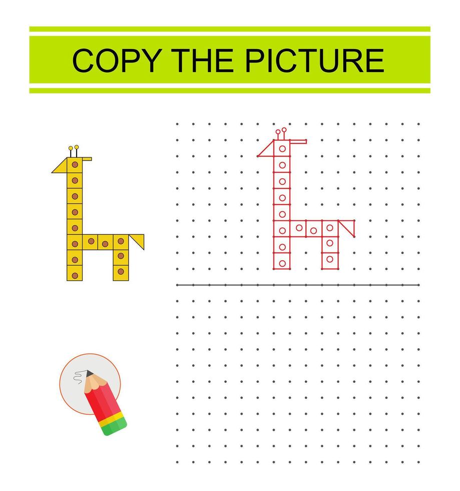 Education game for preschool kids. Copy the cartoon giraffe picture by connecting the dot. Dot to dot copy practice. vector