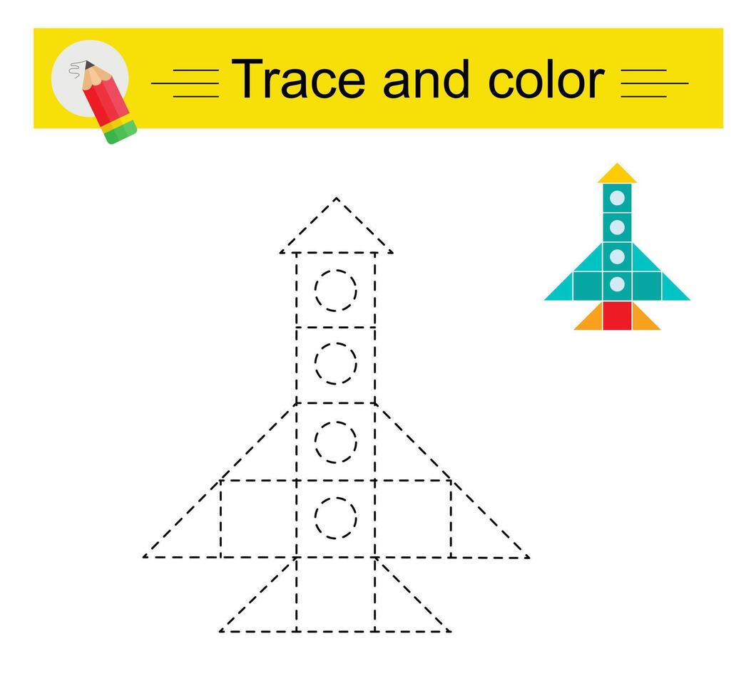 Trace and color for children. Preschool worksheet for practicing fine motor skills. Cartoon rocket ship. vector