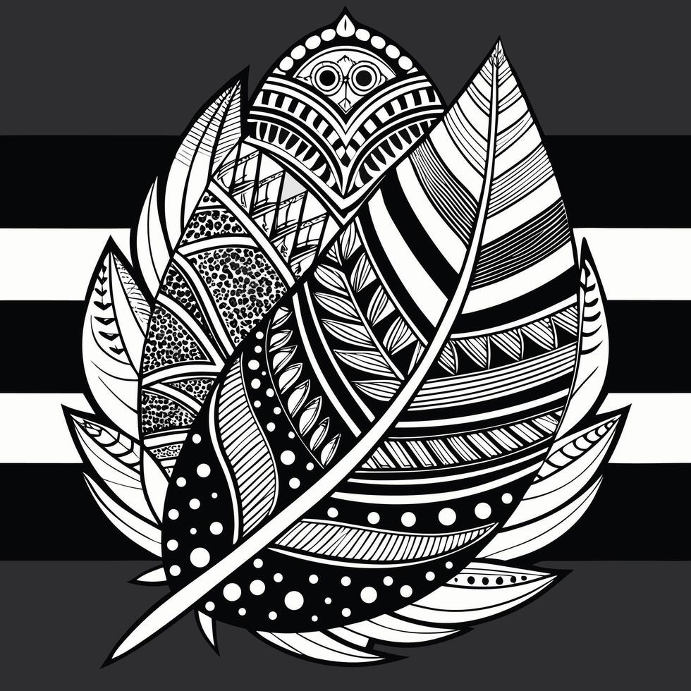 A black and white feather on a striped background vector