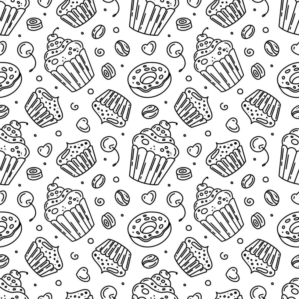 A hand-drawn pattern of sweets, cupcake, cake, a sketch in black ink, a design in the style of sketches, made in the style of doodles. vector