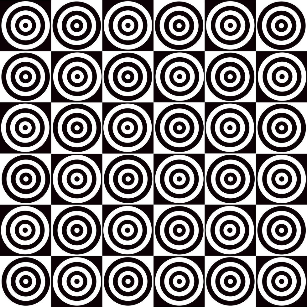 Round multiple black and white circles arranged on checked squares seamless pattern, abstract hand drawn repeat illustration vector