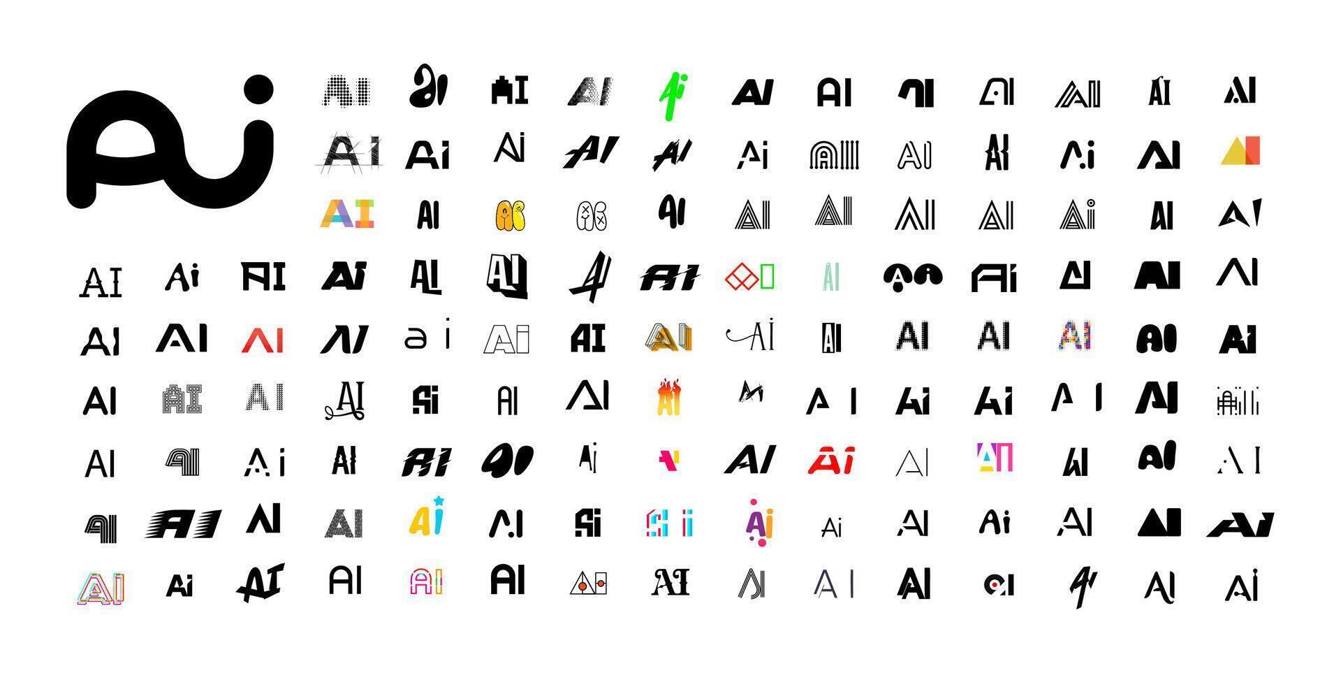 Creative AI logo set with diverse typographic styles and monogram designs includes modern, abstract, playful, minimal, bold, futuristic AI lettermarks for tech, app, startup. illustration vector