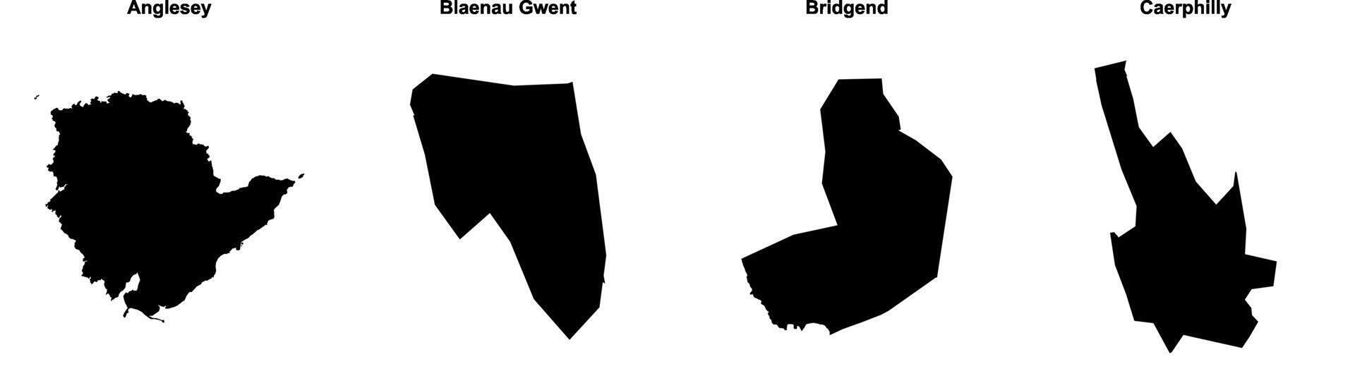 Anglesey, Blaenau Gwent, Bridgend, Caerphilly outline maps vector