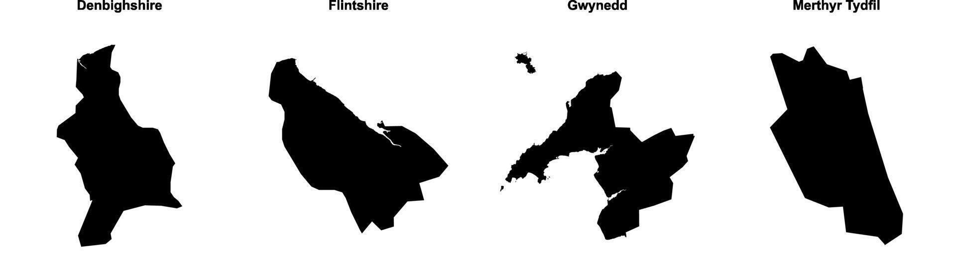 Denbighshire, Flintshire, Gwynedd, Merthyr Tydfil outline maps vector
