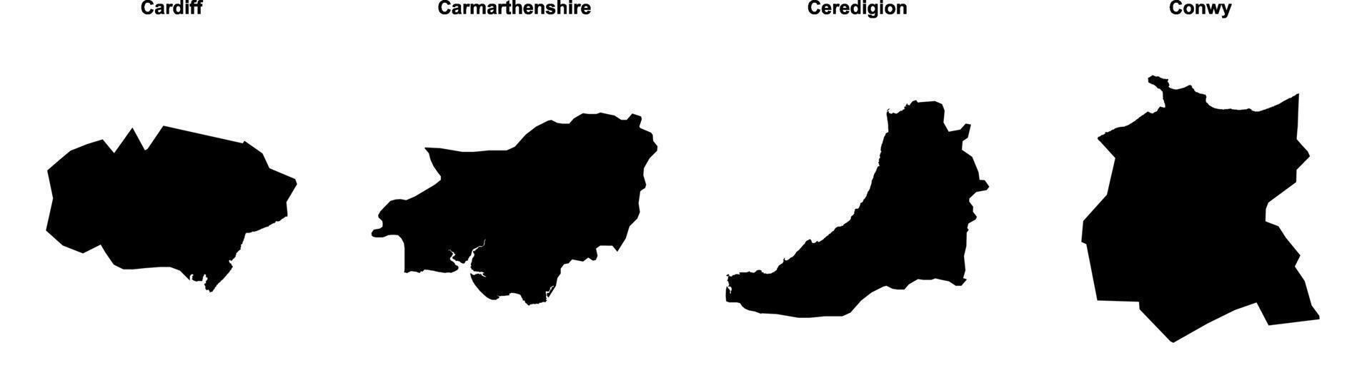 Cardiff, Carmarthenshire, Ceredigion, Conwy outline maps vector