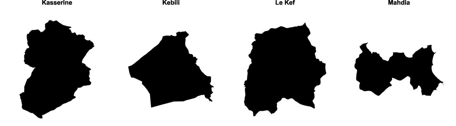Kasserine, Kebili, Le Kef, Mahdia outline maps vector