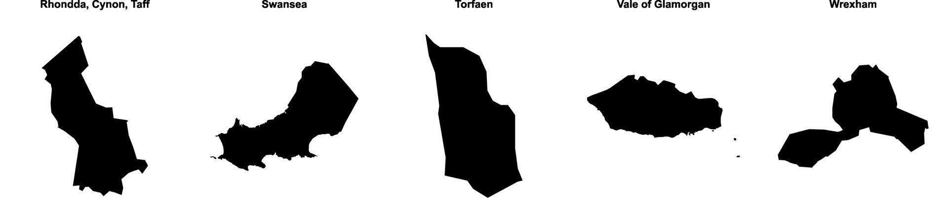 Rhondda Cynon Taff, Swansea, Torfaen, Vale of Glamorgan, Wrexham outline maps vector