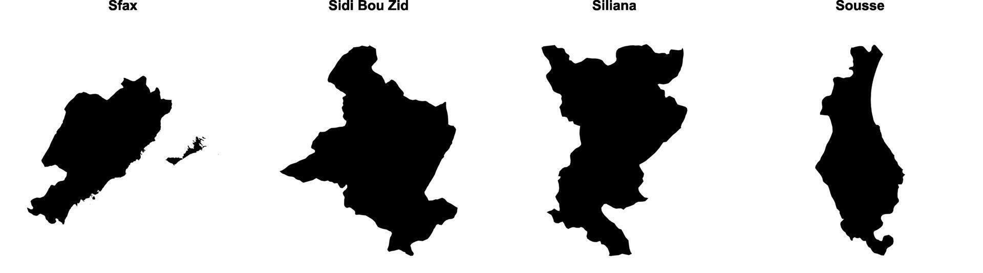 Sfax, Sidi Bou Zid, Siliana, Sousse outline maps vector