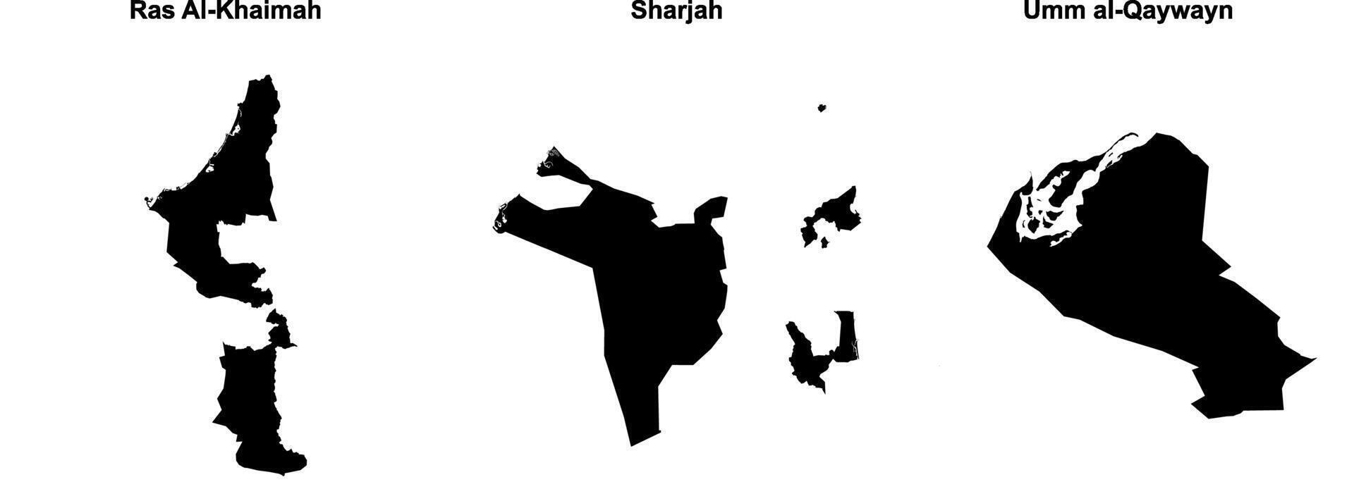Ras Al Khaimah, Sharjah, Umm al Qaywayn outline maps vector