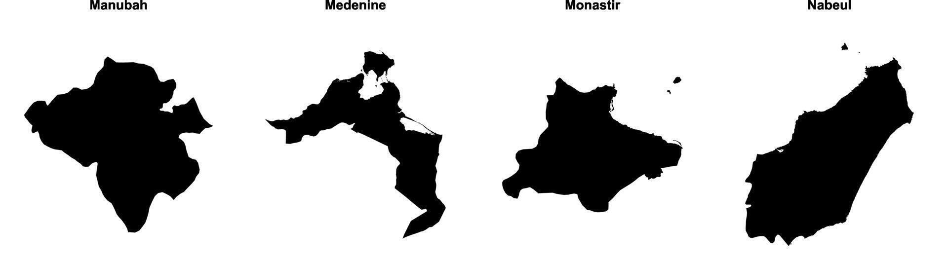 Manubah, Medenine, Monastir, Nabeul outline maps vector