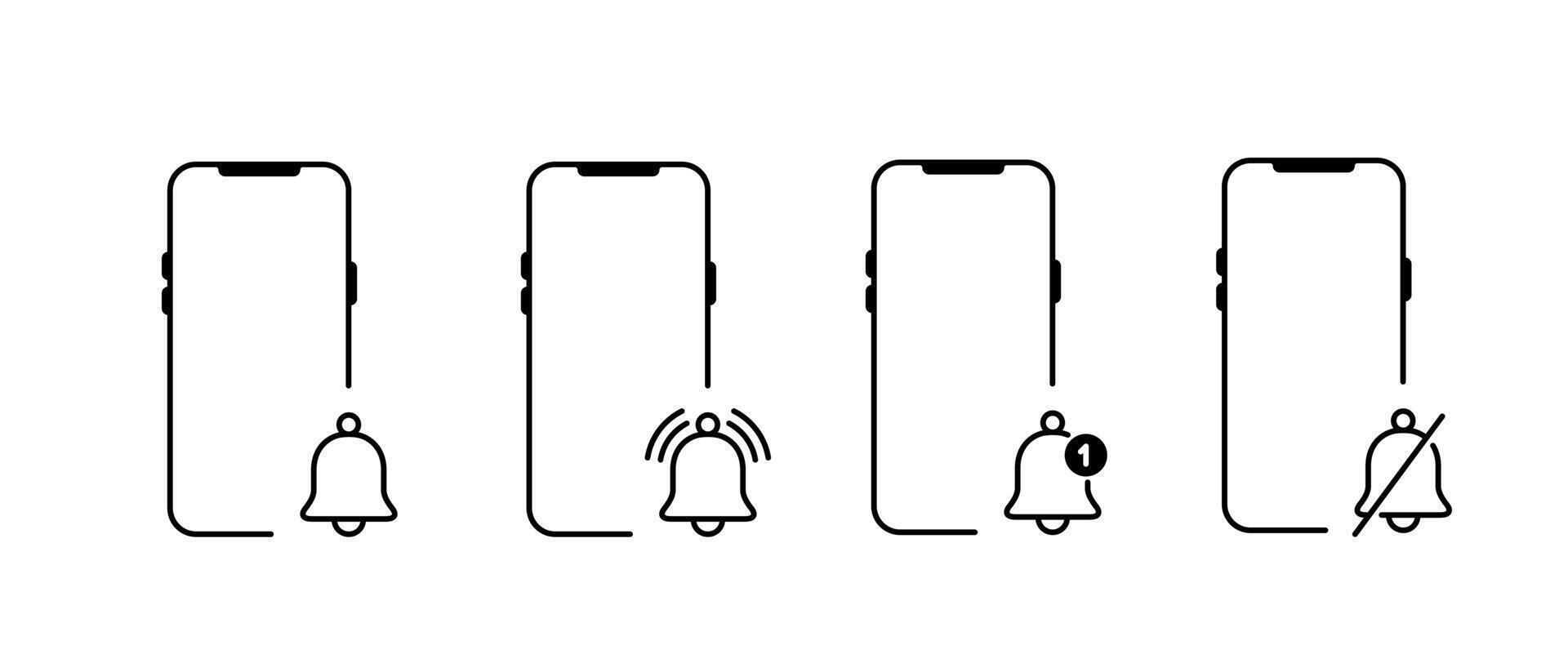 Notification smartphone icon set. Mobile phone with bell sign symbol vector