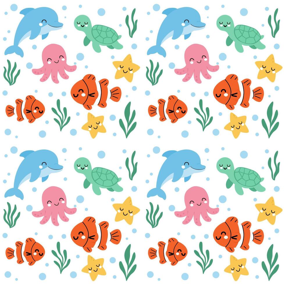 Cute Undersea Animals Pattern, Seamless Marine Life Background, Underwater World Cartoon Design, Seamless pattern cute animals vector